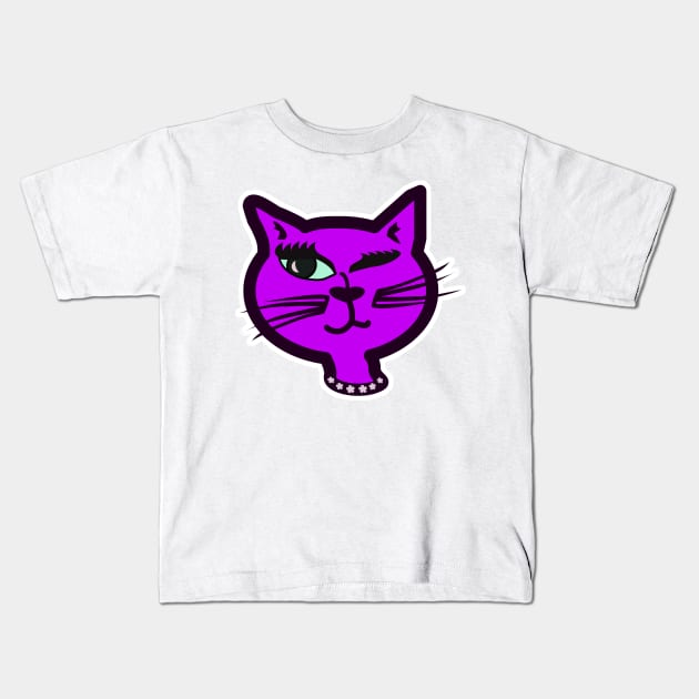 Fun Purple Winking Cat Nostalgia Design Kids T-Shirt by Tshirtfort